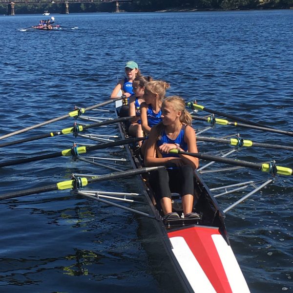 Children rowing team on the water
